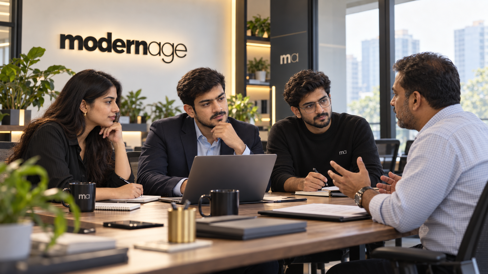 Modern Age team talking with a business owner around a studio table