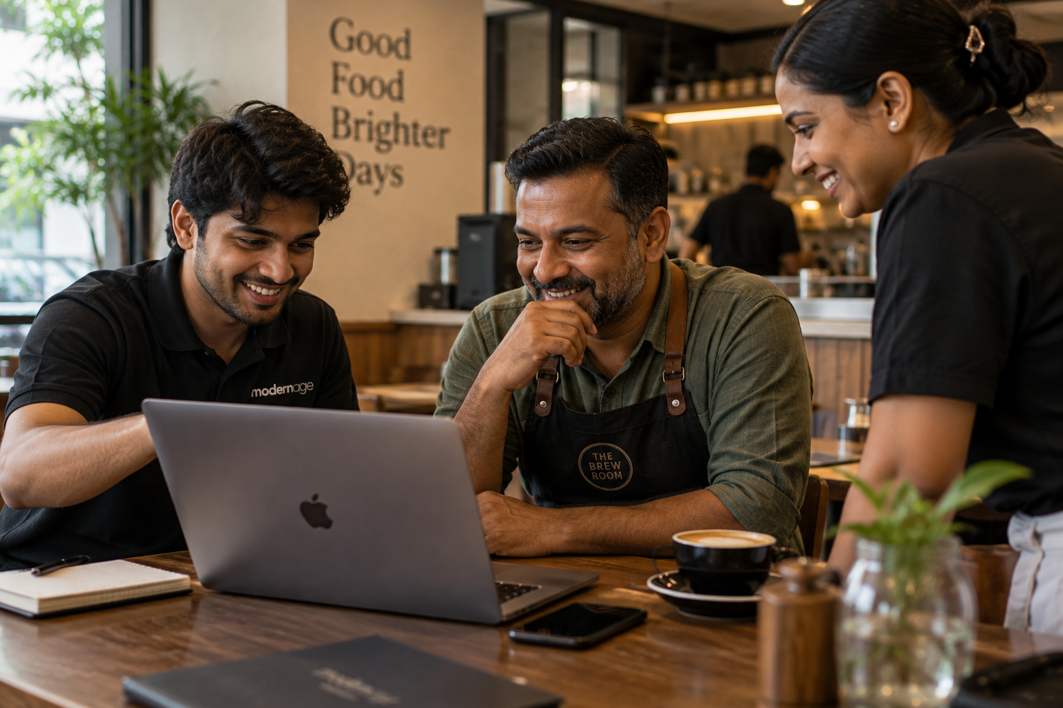 A café owner and the café team reviewing plans with Modern Age at the counter