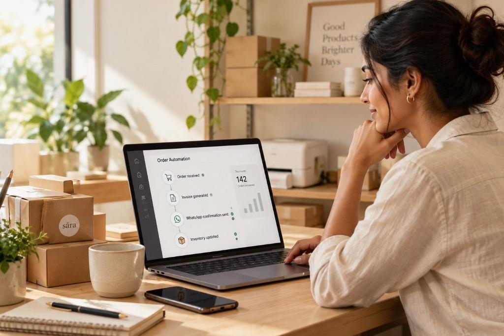 A business owner at a laptop watching orders, invoices, and messages update on their own