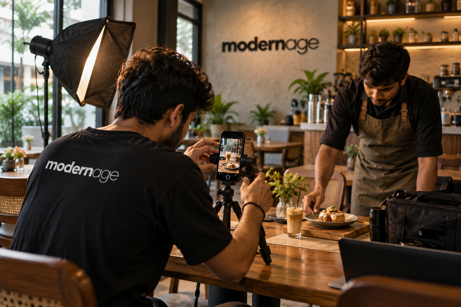A Modern Age photographer filming a café dish while the café team plates the food