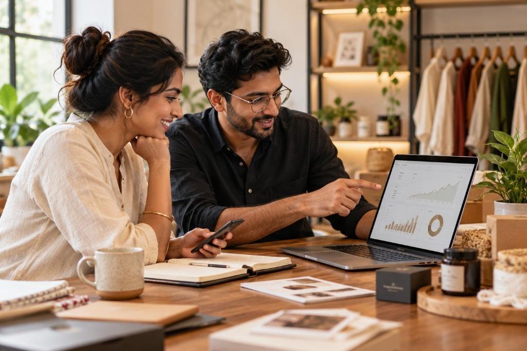 Two people at a shop table reviewing a campaign on a laptop