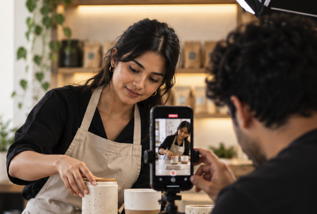 A café owner arranging cups while a phone on a tripod films the scene for social media
