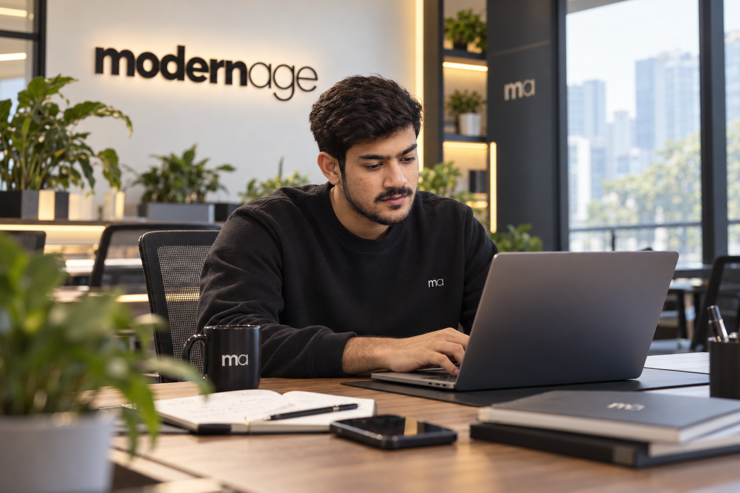A Modern Age teammate working on a laptop in the studio