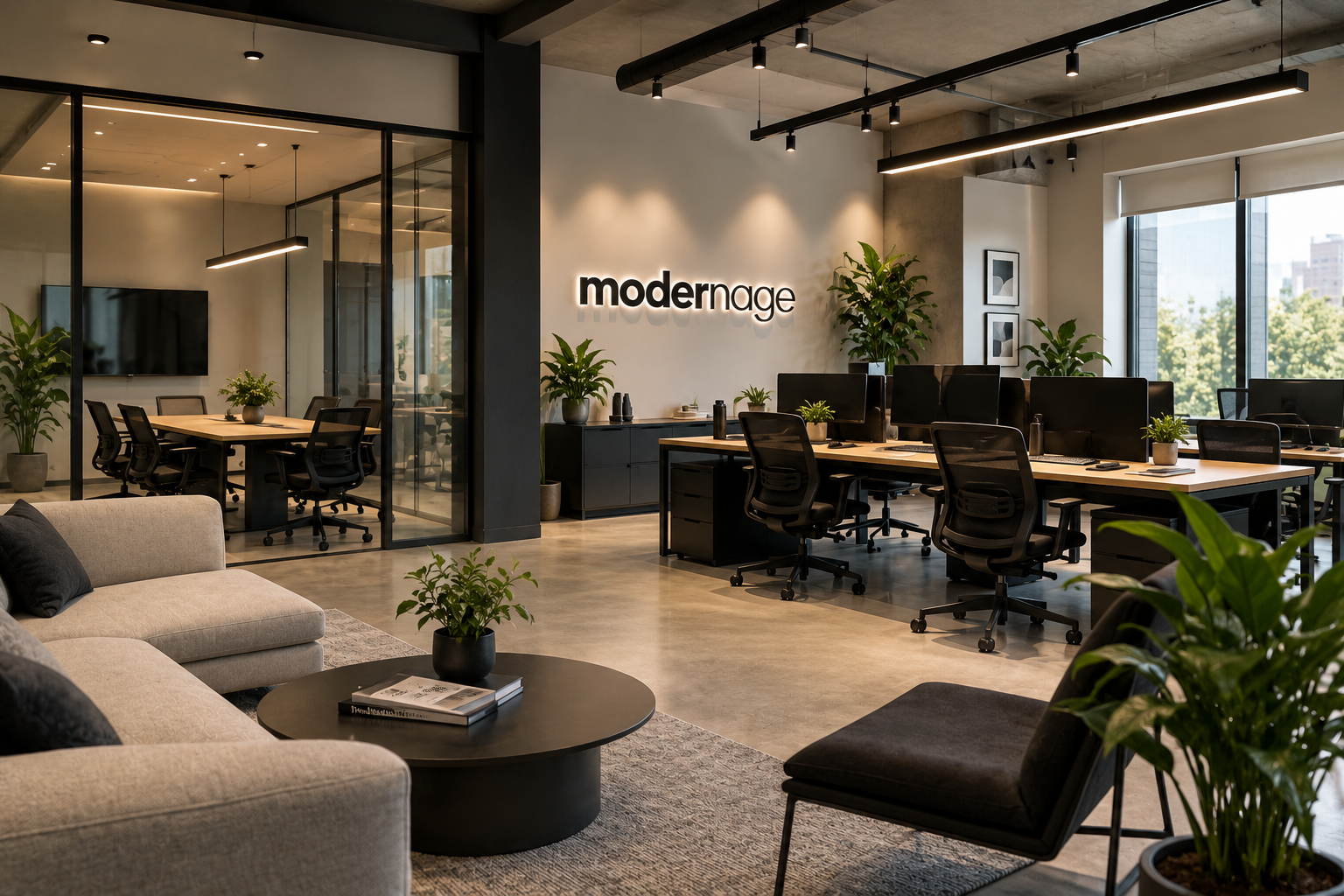 The Modern Age studio, a warm minimalist workspace with a meeting room and open desks